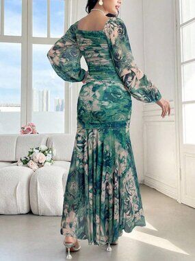 NEW - Elegant Green Floral Mermaid Maxi Dress Square Neck Mesh Sleeve